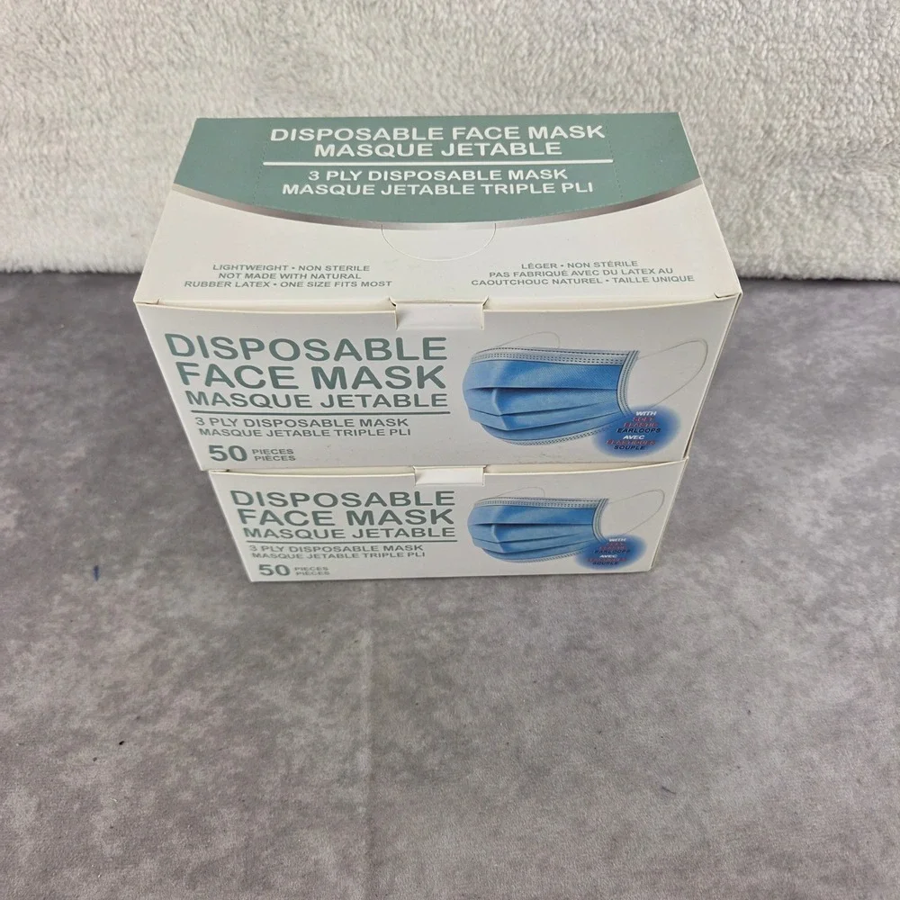 2 Pack Disposable Face Mask 3 Ply Blue 50 Count Each FM-01 Total 100 Masks